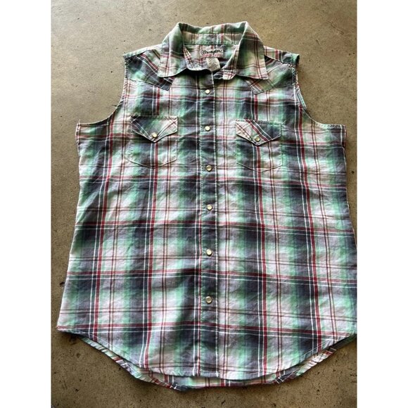 Vintage Wrangler Wrancher Sleeveless Western Shirt Women’s Sz M Pearl Snap - Picture 7 of 13